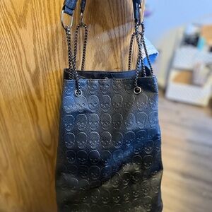 Black Skull-Embossed Shoulder Bag with Chain Straps